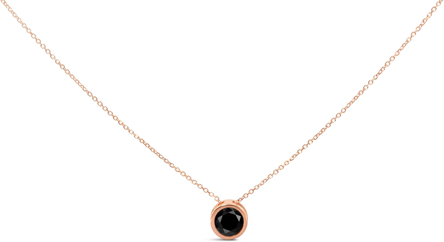 14K Rose Gold Bezel-Set Black Round Diamond Solitaire Pendant Necklace (Black Color, I2-I3 Clarity) - 18"