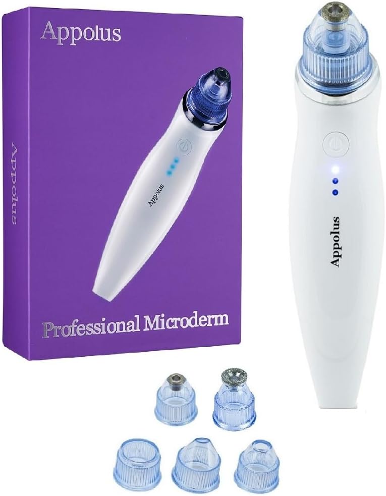 Microdermabrasion Machine - Appolus Premium Diamond Microdermabrasion Anti-Aging SkinTightening Device - 2 Diamond Tips - 5 Heads - Blackhead Blemishes Remover - Pore Line Wrinkle Sagging Minimizer