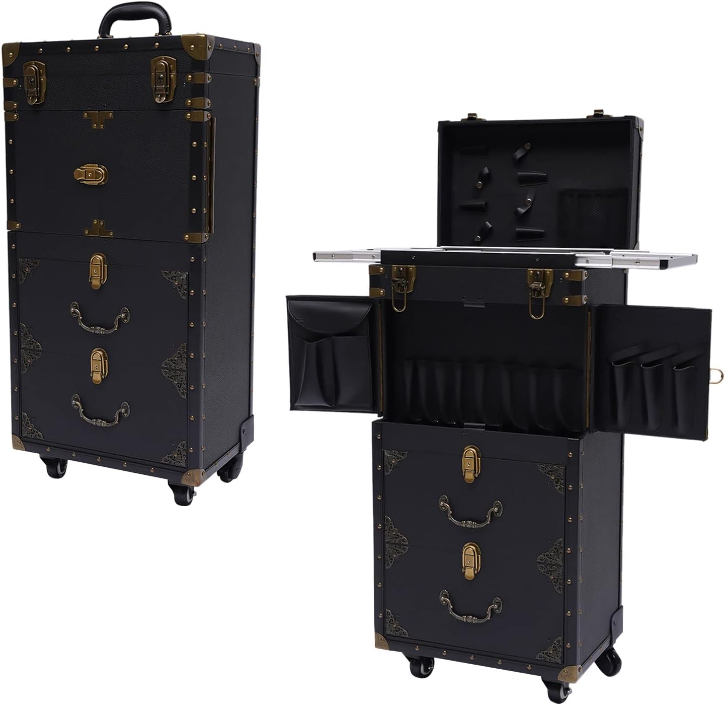 Beauty Salon Luggage,24 inch Hairdressing Trolley Stylist Beauty Salon Cosmetic Luggage Travel Organizer Tool Box with Hair Dryer Holder Rolling Lockable Makeup Train Case
