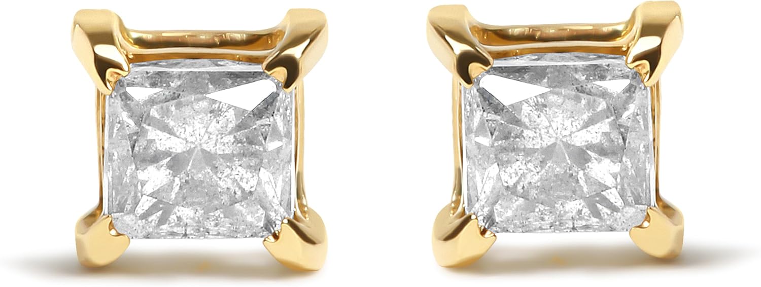 10K Yellow Plated .925 Sterling Silver Princess Cut Diamond Push-Back 4-Prong Classic Stud Earrings (J-K Color, I2-I3 Clarity)