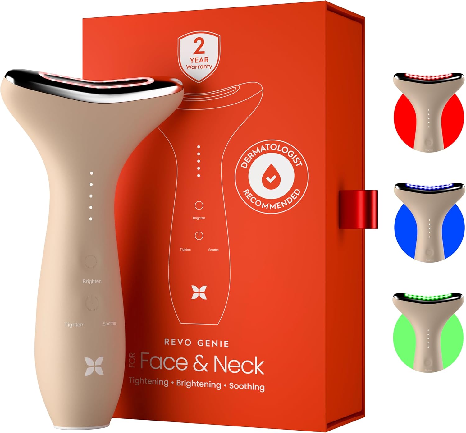 REVO Genie | Face & Neck Beauty Massager with Ultra Powerful LEDs for Wrinkles, Fine Lines, Puffy Skin, Uneven Skin Tone, Lymphatic Drainage, Lifting & Firming Facial Sculpting Tool with Light Therapy
