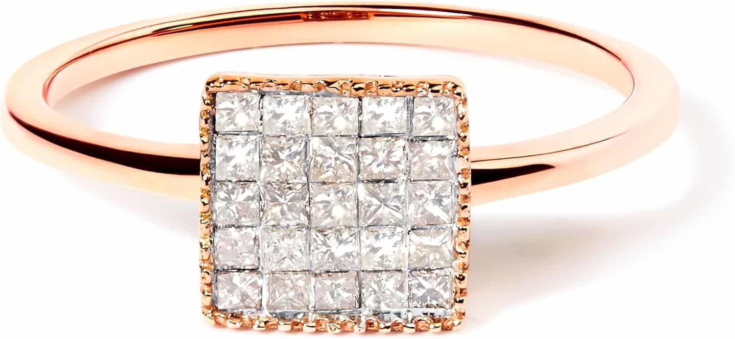 10K Rose Gold 1/3 Cttw Invisible Set Princess Cut Diamond Composite Square Shape Ring (H-I Color, I1-I2 Clarity)