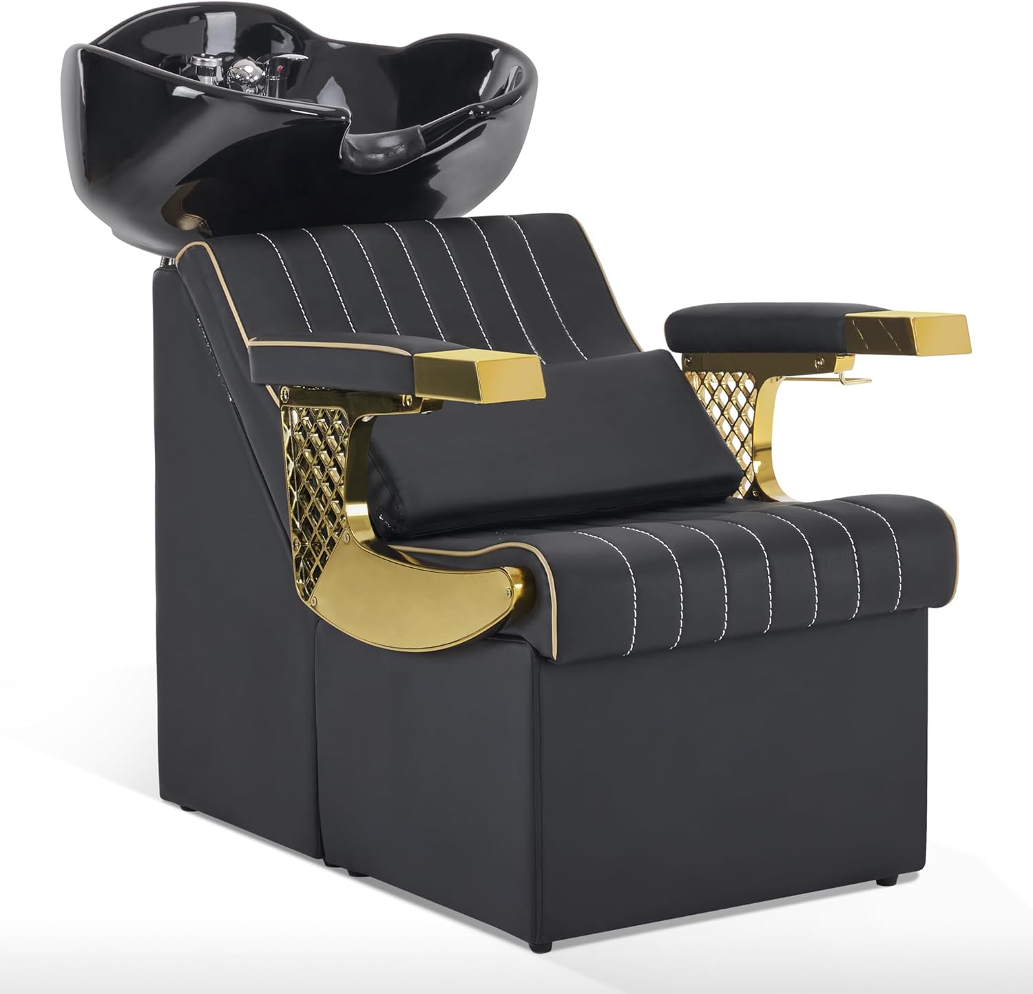 BarberPub Backwash Shampoo Station Chair and Bowl Unit, Porcelain Ceramic Basin Sink, Black&Gold Shampoo Barber Chair with Vacuum Breaker for for Barbershop Beauty Spa Salon 8615 (Black)