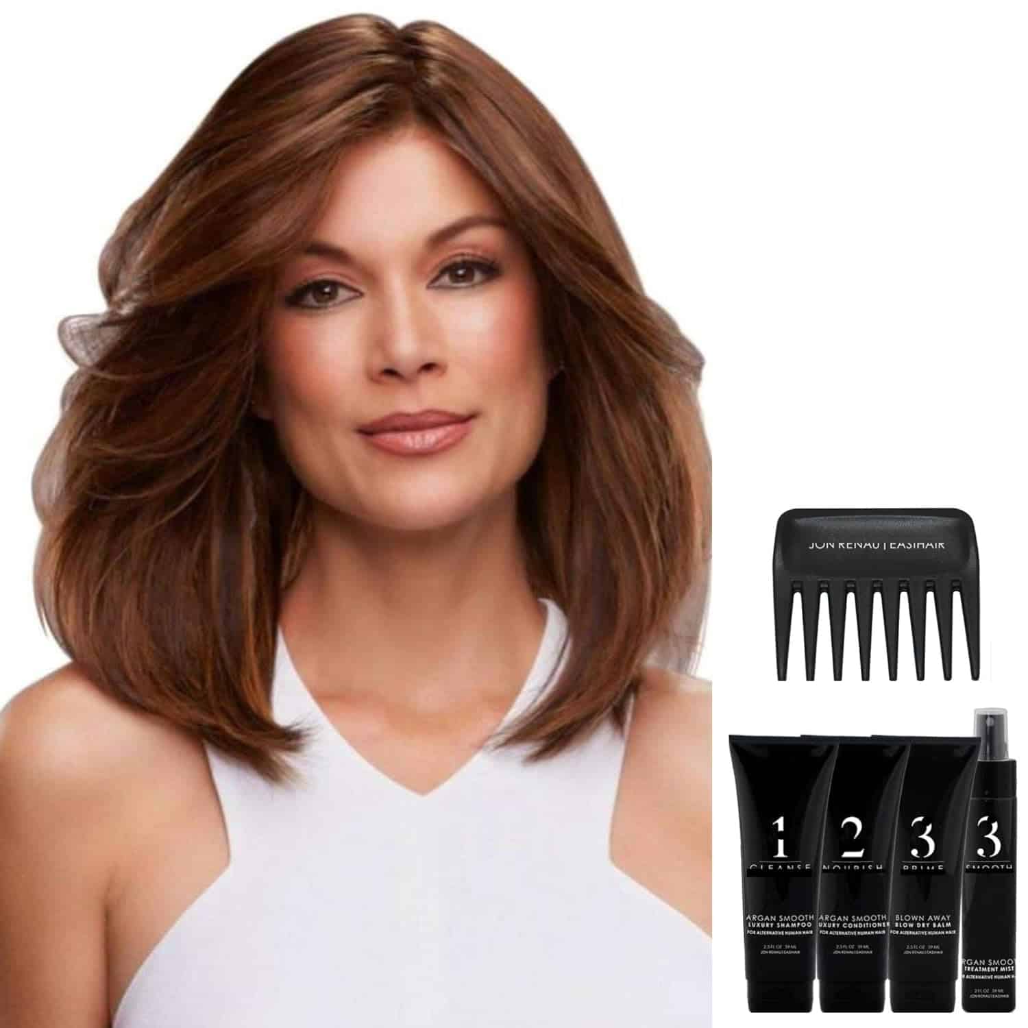 Bundle - 7 Items: Margot Human Hair Lace Front Wig by Jon Renau, Christy's Wigs Q & A Booklet Luxury Shampoo & Conditioner Blown Away Treatment Mist Wide Tooth Comb - Color: 1B