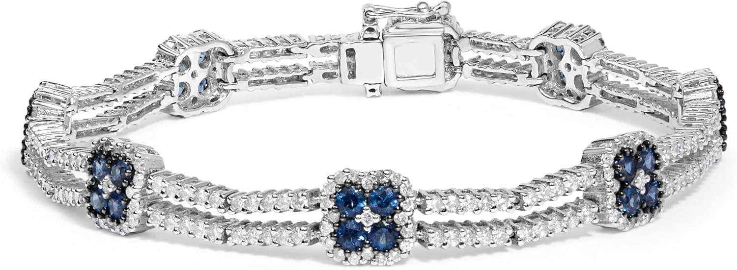 18K White Gold 2 3/4 Cttw Diamond and 3x3MM Sapphire Double Row Link Bracelet (G-H Color, VS1-VS2 Clarity) - 7" Inches