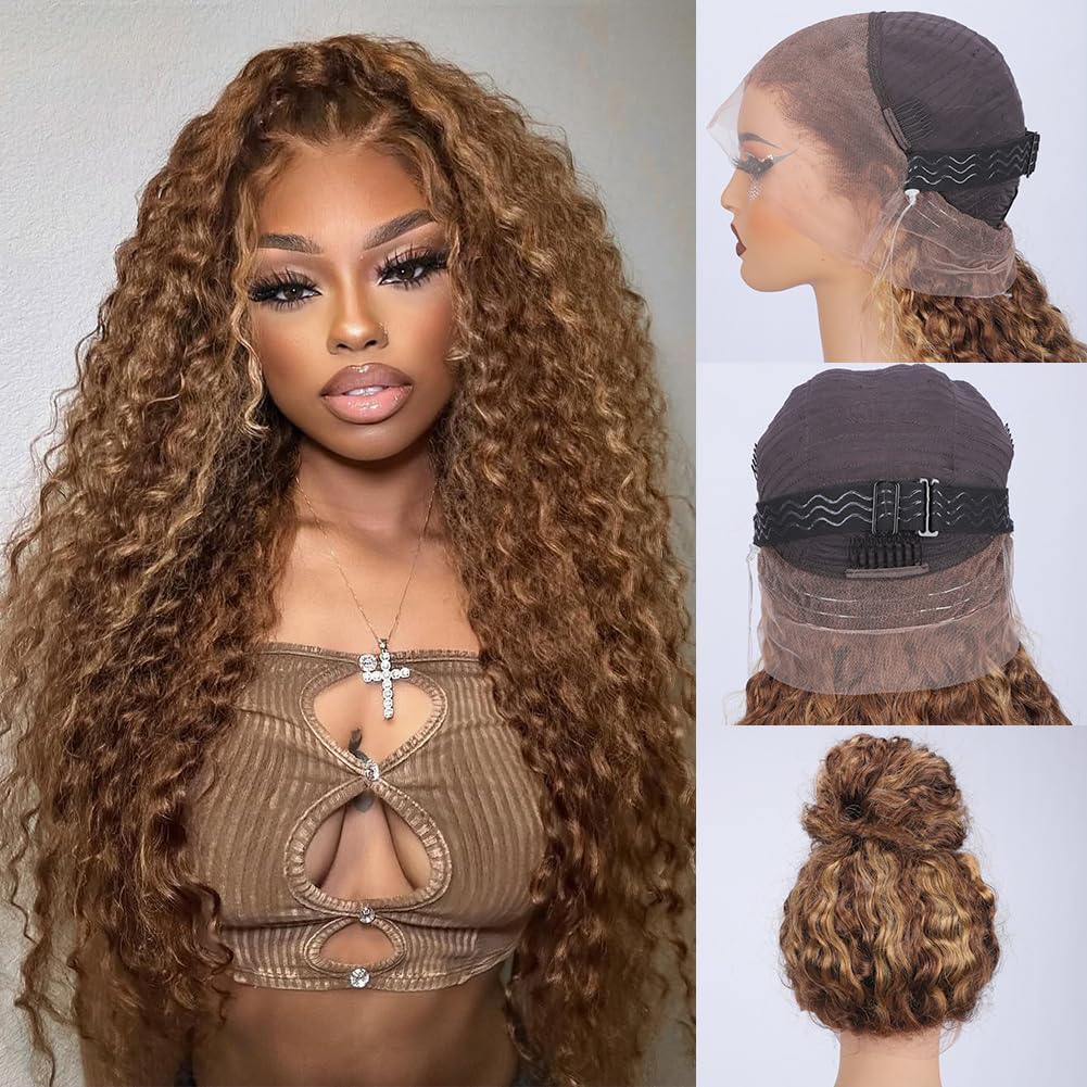 28 Inch Highlight Ombre Hidden Strap 360 Glueless Wigs Human Hair 360 HD Honey Blonde 4/27 Human Hair Wig With Drawstring Pre Plucked Pre Bleached 180 Density