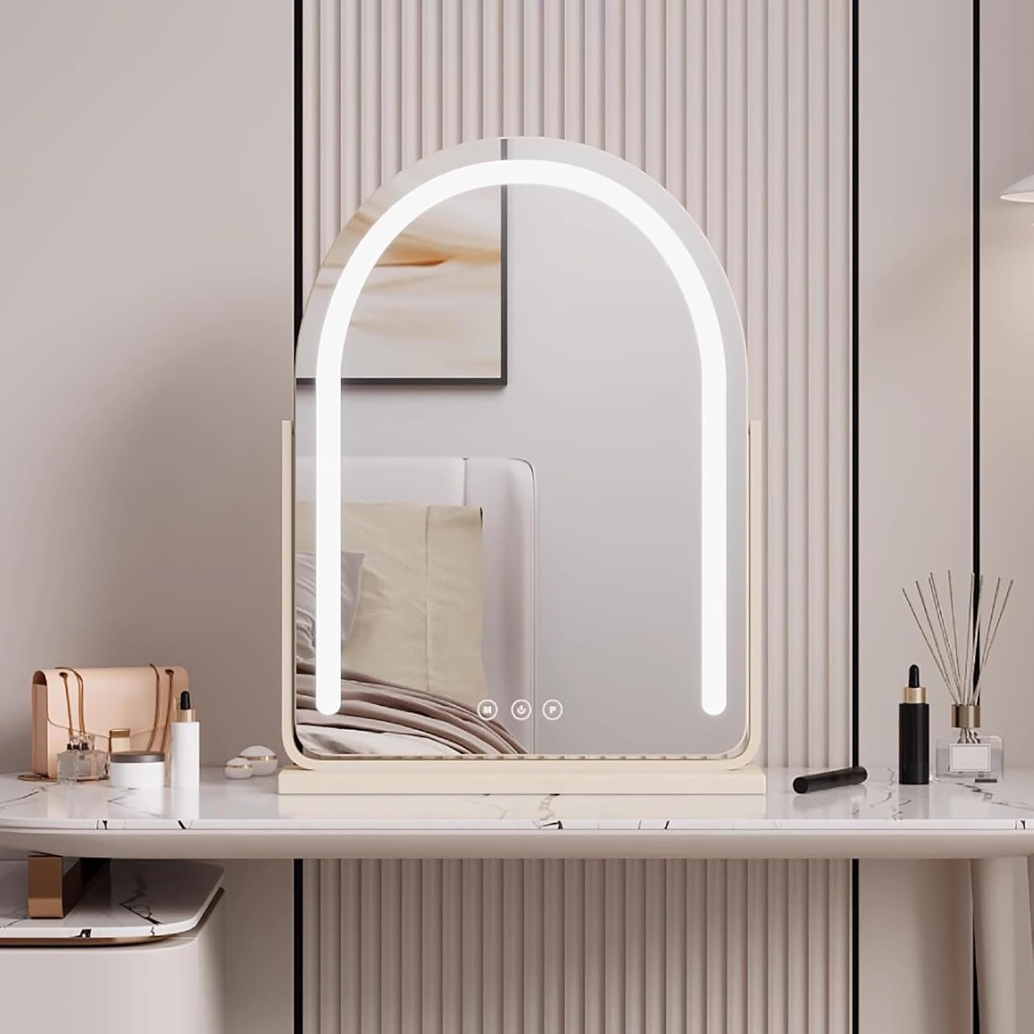 Arched Desktop Vanity Mirror 360 Rotation Dressing Table Mirror with 3 Color Dimmable, Touch Switch Control(49 * 73cm)
