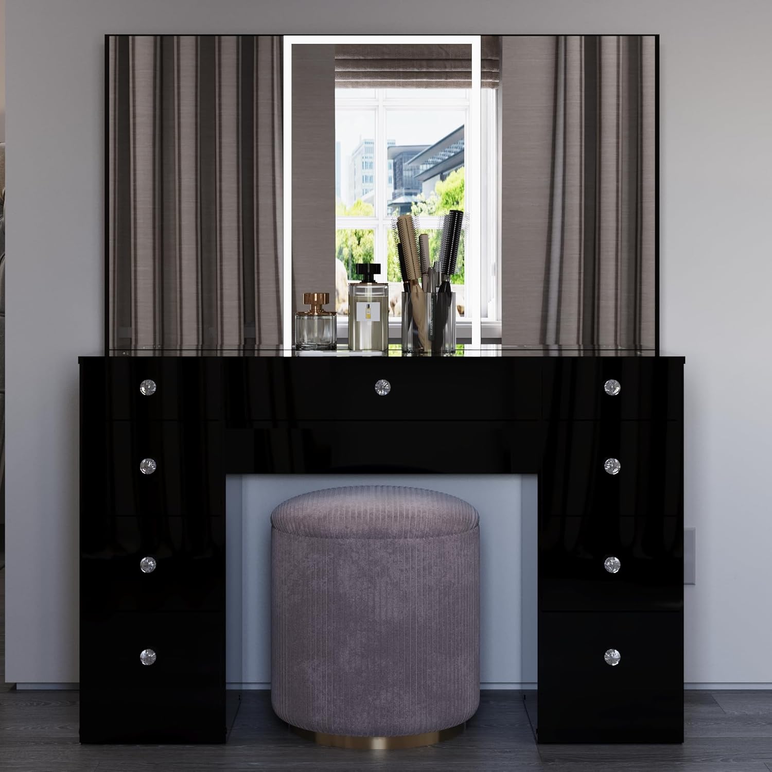 Boahaus Black Makeup Vanity Desk with Tri-fold Mirrors Lily w/ 9 Drawers, Glass Top, Crystal Knobs, LED Light Strip, Vanity Table - for Bedroom