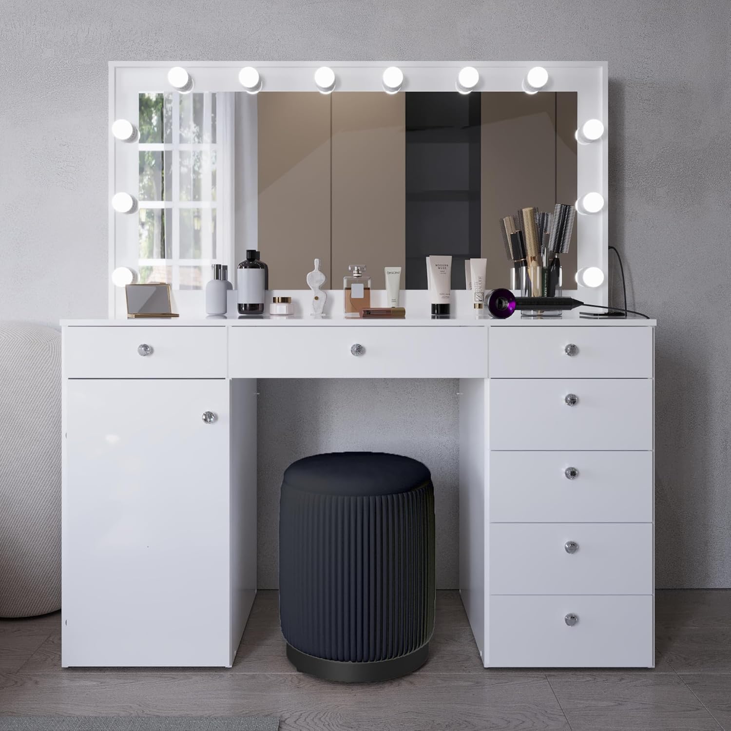 Boahaus Jezebel Makeup Vanity with Mirror & Lights, Glass-Top Desk, Charging Station (USB-C/USB & 110V), 7 Drawers + Door Cabinet, Jewelry Divider, Storage Ottoman, 61H  56.3W  20.07D, White