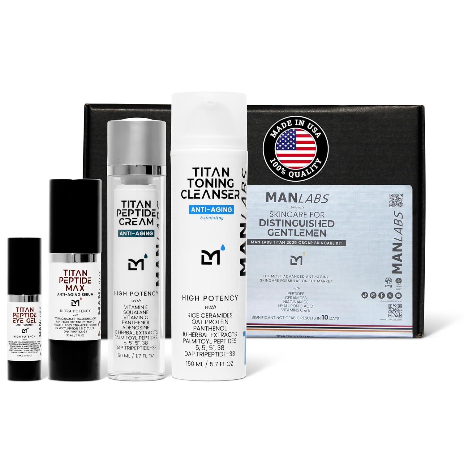 Titan Oscar Anti-Aging Mens Skin Care Kit - Wash, Face Serum, Eye Cream, Mens Face Moisturizer - Men, Skin Care Set - Dark Circles, Wrinkles, Fine Lines - Vitamin C, Peptides, Niacinamide, HA