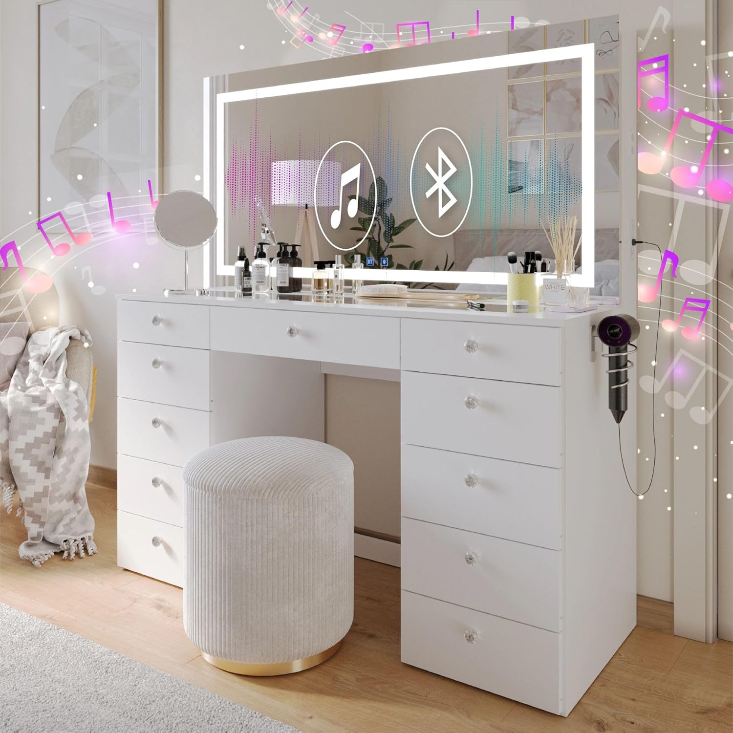 Boahaus Lydia Extra-Large Makeup Vanity Desk, Dimmable LED Mirror, Dual Bluetooth Speakers, 11 Drawers, USB-C & USB-A Ports, 110 V Outlet, Tempered Glass Top & Crystal Knobs