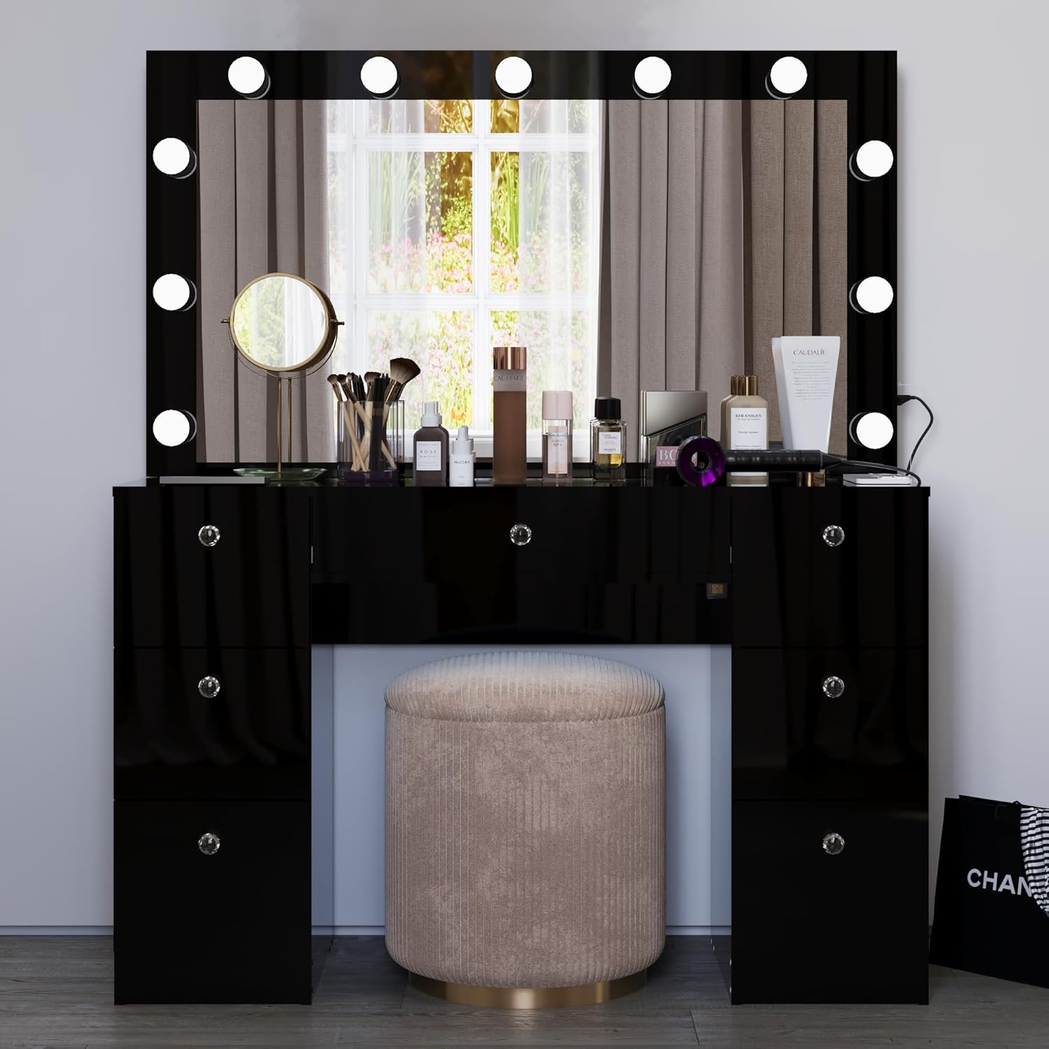 Boahaus Yara Large Makeup Vanity Desk with Mirror, Hollywood Lights, 7 Drawers, USB Type-C & Type-A Ports, 110V Power Outlet, Hair Dryer Hanger, Glass Top, and Crystal Knobs  Premium Black Finish