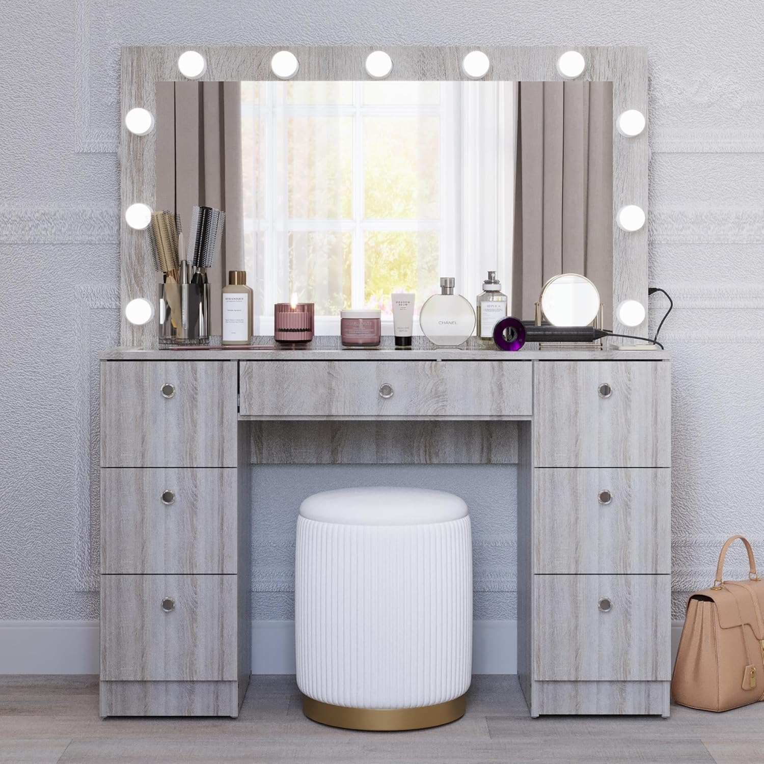Boahaus Yara Large Makeup Vanity Desk with Mirror, Hollywood Lights, 7 Drawers, USB Type-C & Type-A Ports, 110V Power Outlet, Hair Dryer Hanger, Glass Top, and Crystal Knobs  Premium Greige Finish