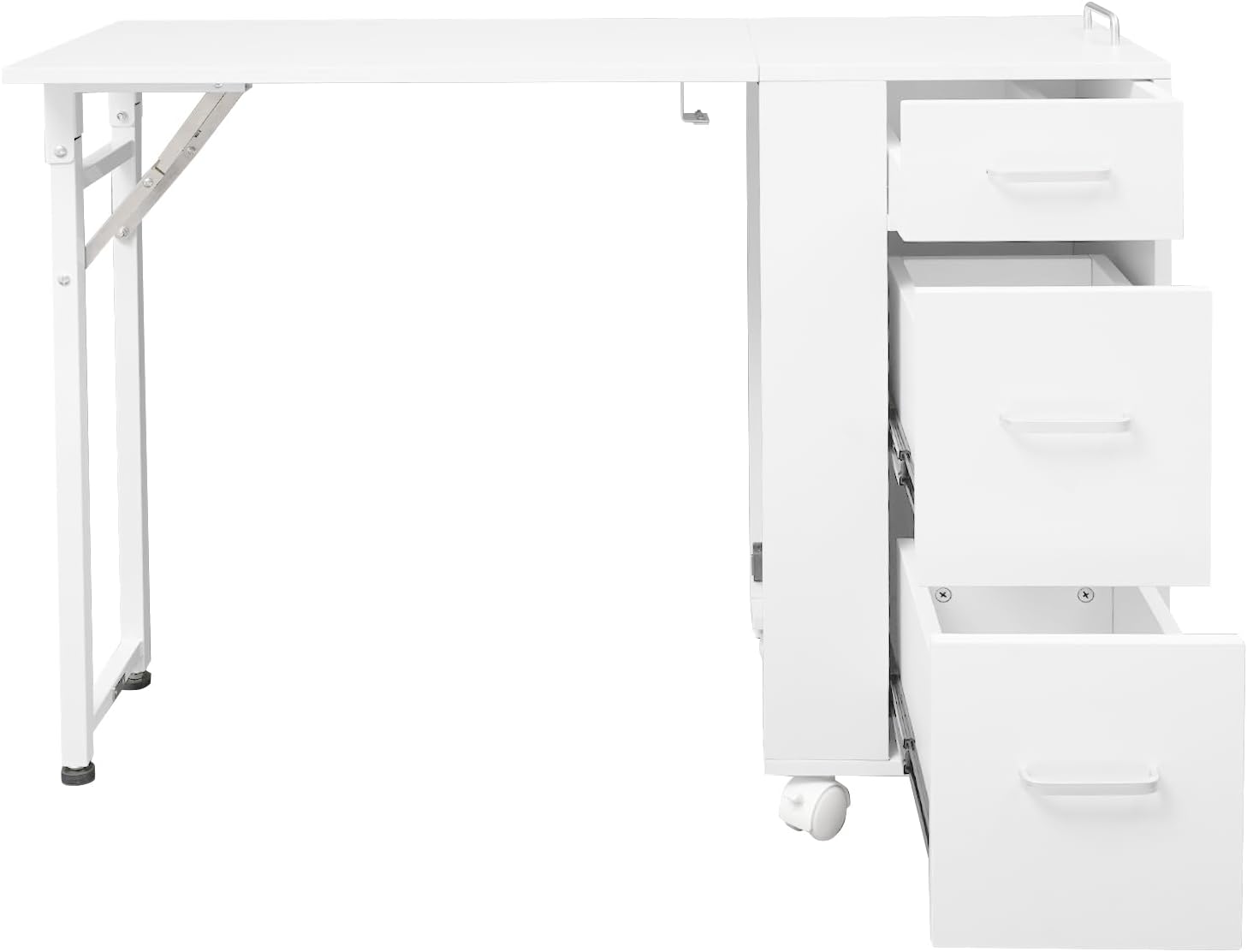 3-Tier Storage Drawers Nail Art Desk, Beauty Salon Station, Rolling Manicure Table with Foldable Top and 4 Lockable Wheels, Mobile Makeup Tables for Small Spaces (White)