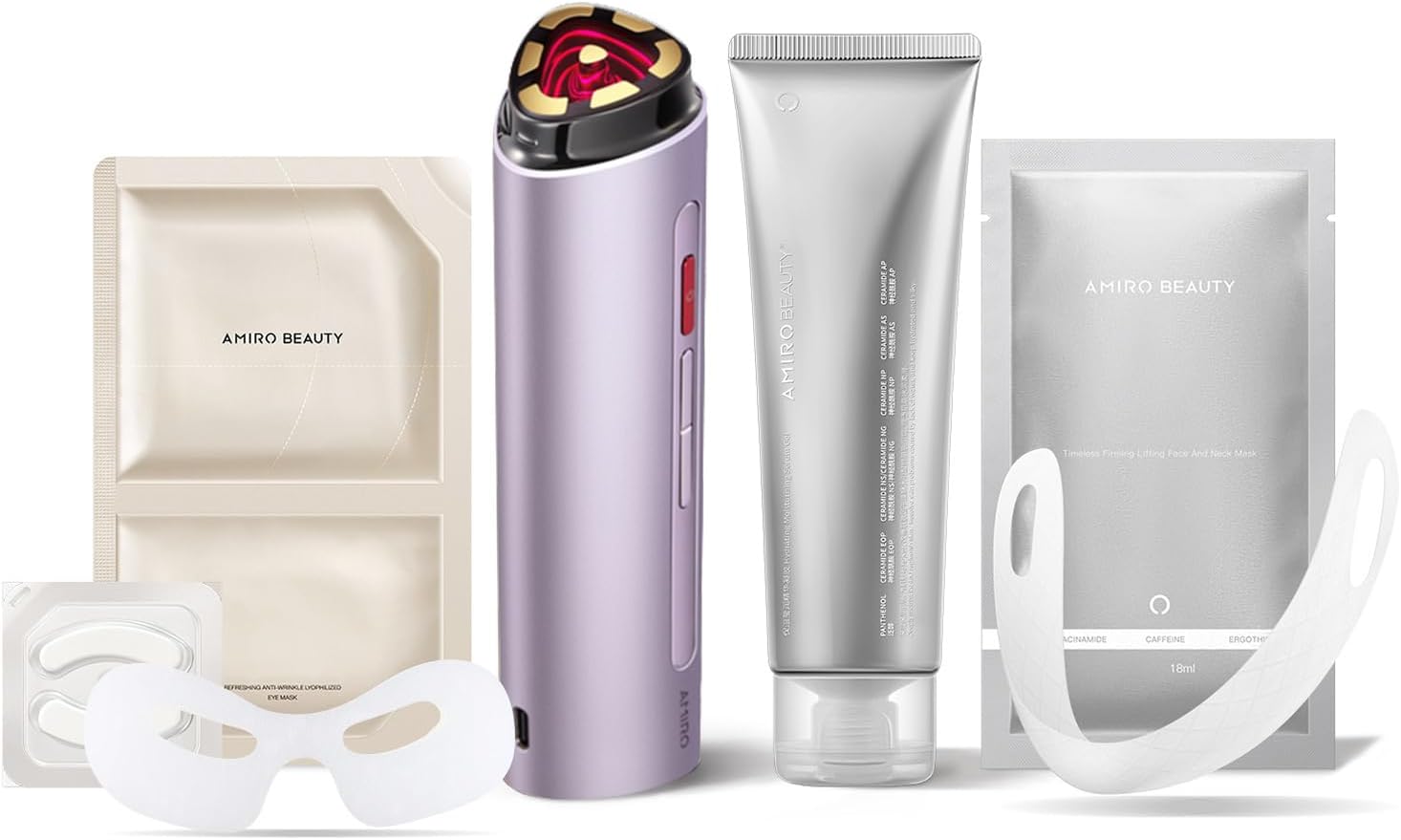AMIRO R3 Turbo Facial Device Purple, Precision Firming and Fine Line Smoothing Tool Bundle with Eye Mask, V-Face Mask & 70ml Preparation Gel Set