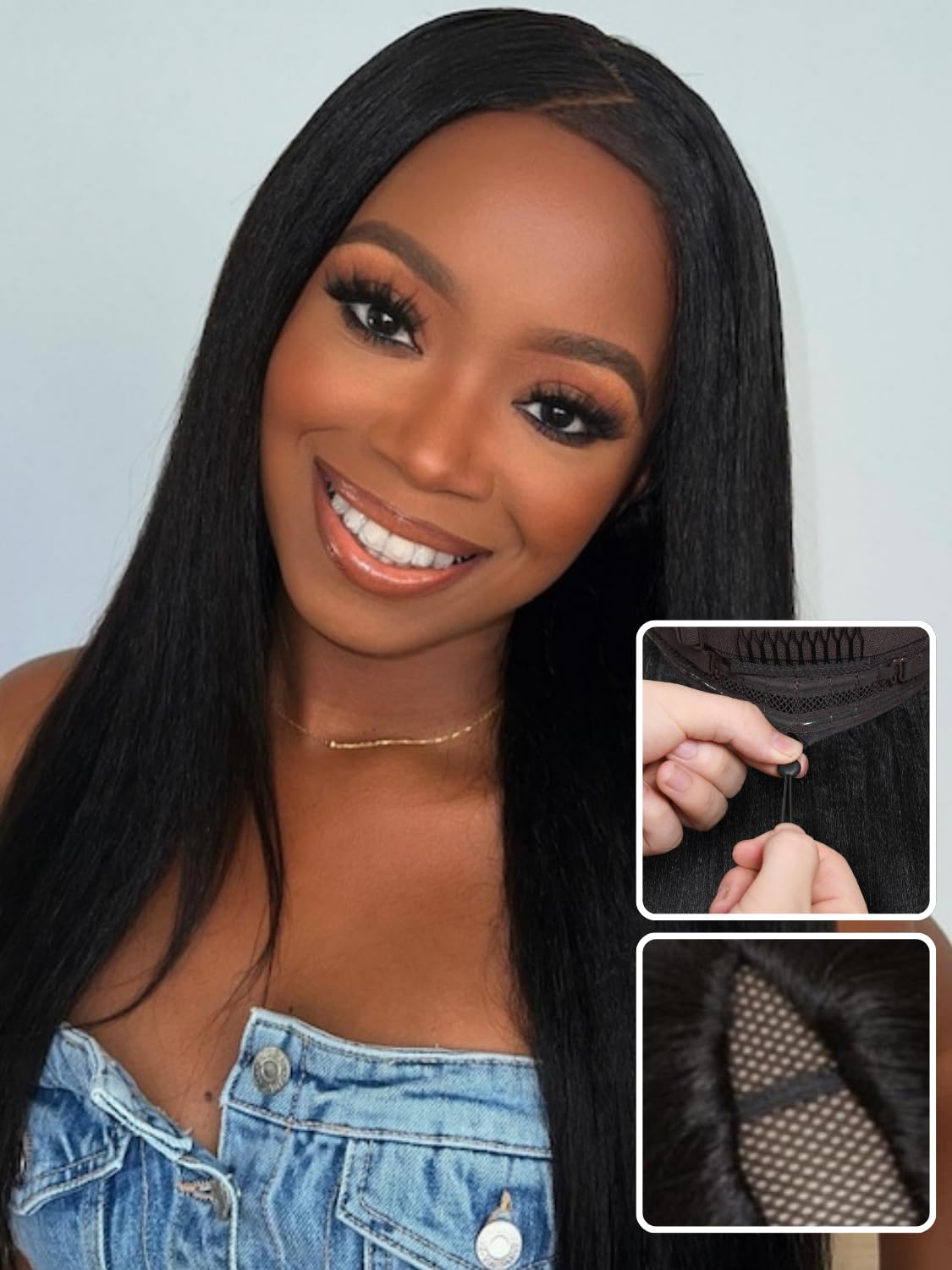 Nadula EasiContour V Part Yaki Straight Human Hair No Leave Out Clip in V-part Wig,12A Glueless Upgrade U Part Light Kinky Straight Human Hair Wig 180% Density with Elastic Drawstring 24inch
