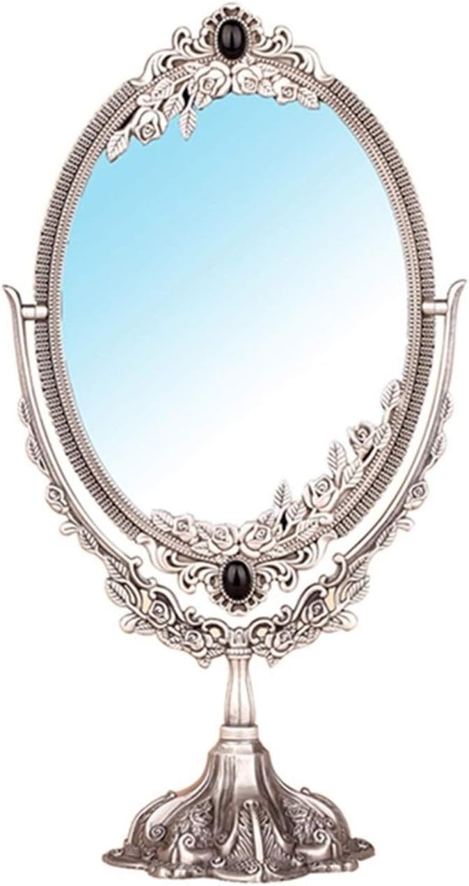 Retro Makeup Mirror, European Style Desktop Princess Mirror Metal Heavy Beauty Mirror 360 Spin Bathroom Mirror Ultra Clear (D 15.6 * 15CM)