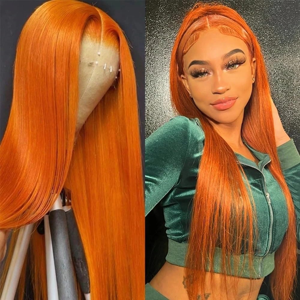 Wear and Go Glueless Wigs, 200 Density Orange HD Transparent Ginger Straight Lace 13x4 Front Human Hair 13x6 Lace Frontal Wig Brazilian Hair For Women for Women,(13x4 Lace Wig,32inch)