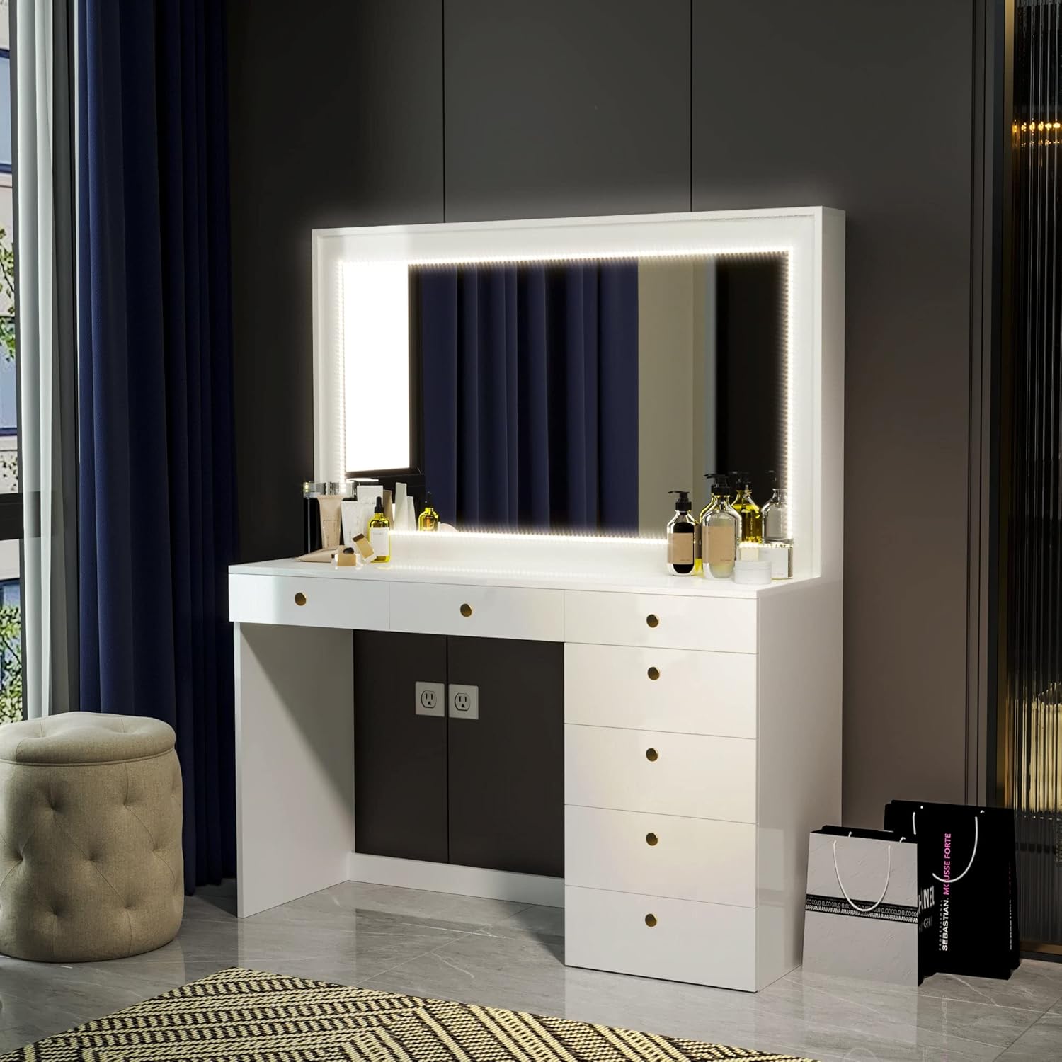 Boahaus Selene Modern Makeup Vanity Desk with LED Lights Strip, 07 Drawers, Large Top, Sturdy Frame, and Hollywood Vanity Mirror with Lights, Gold Knobs, White Makeup Desk for Bedroom