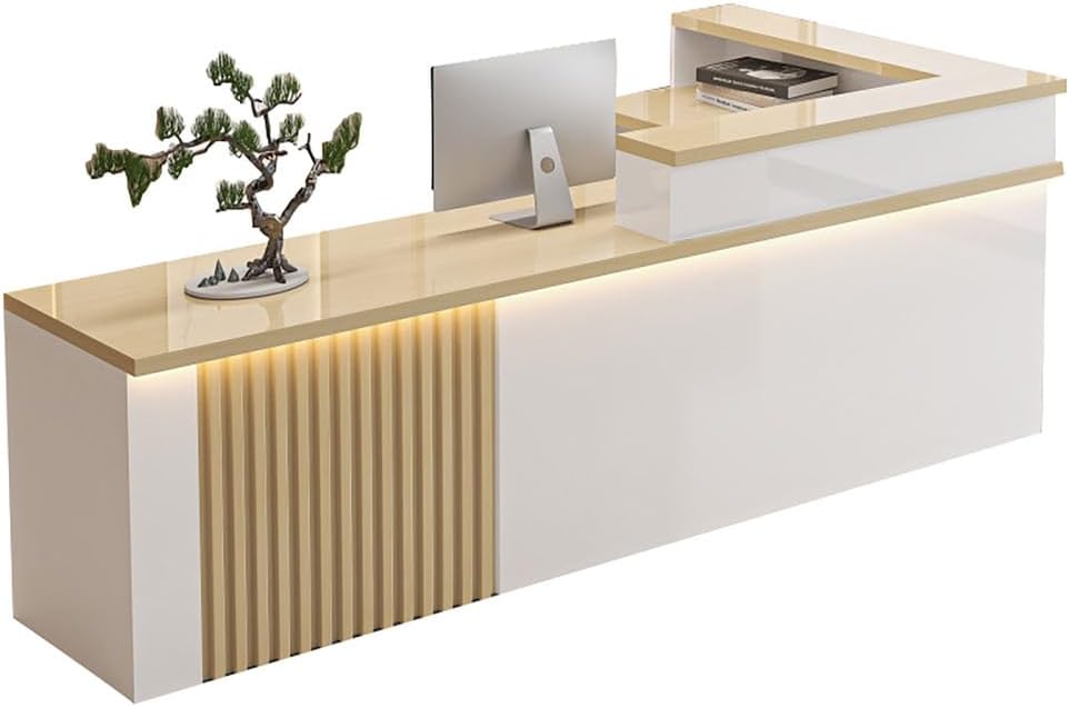 Simple Reception Desk with Locking Drawer,Professional Bar Counter for Restaurant,Clothing Store, Beauty Salon,Keyboard Tray & Thickened Top for Cashier Table & Supermarket Shelves,Beige,160c