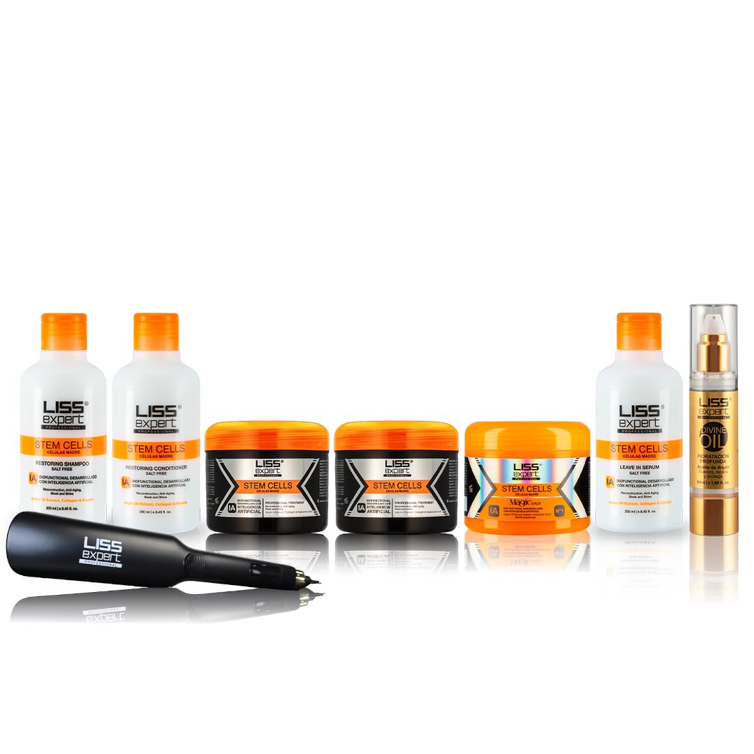 Liss Expert Stem Cells Hair Treatment Kit 8 oz x2 with complete post treatment kit and Professional Grade Titanium Flat Iron DEAL (4, SuperPack2)