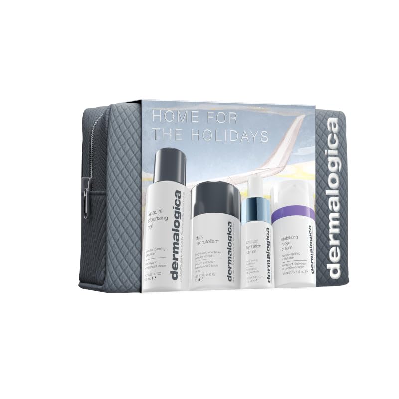 Dermalogica Home for the Holidays  Travel Essentials Kit for On the Go Skin Care, Includes Face Cleanser, Exfolaints, Serum, and Cream