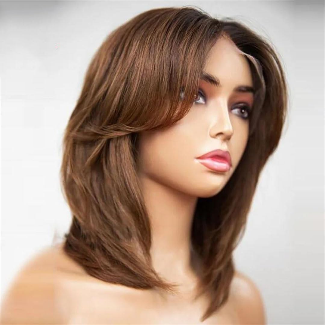 WomenS Short Wavy Wolf Cut Human Hair Lace Front Wig With Curtain Bangs Brazilian Remy Hair Glueless Pre Plucked