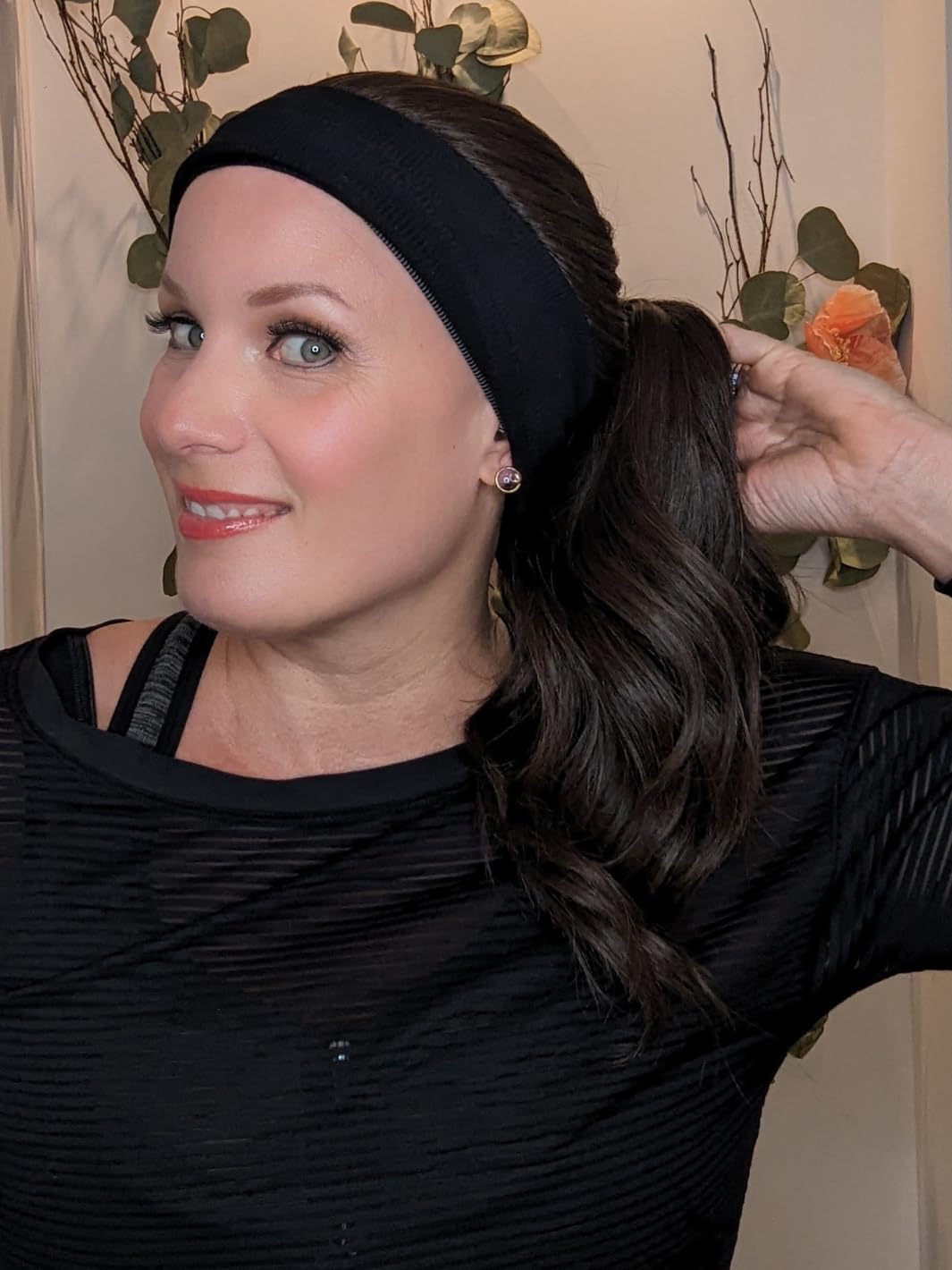 Headband Wigs for White Women  Fully Hand Tied, Easy Ponytail Wig, Swim & Sport Wig for Active Lifestyles, Low to Medium Density, Heat Friendly Synthetic (Dark Brown, Average | 20.55"-22" Inches)