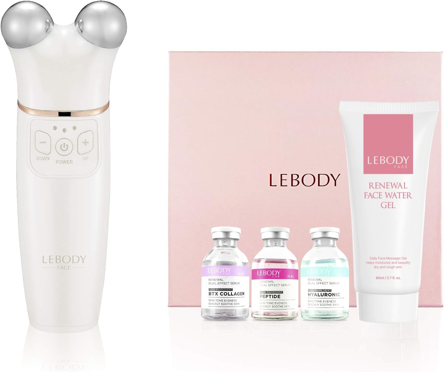 FACE Pink Box Edition Facial Lifting, Toning, Tightening and Firming Device with Microcurrent Professional Home Skin Therapy Anti Aging Beauty Machine LEBODY LAB Set (White)
