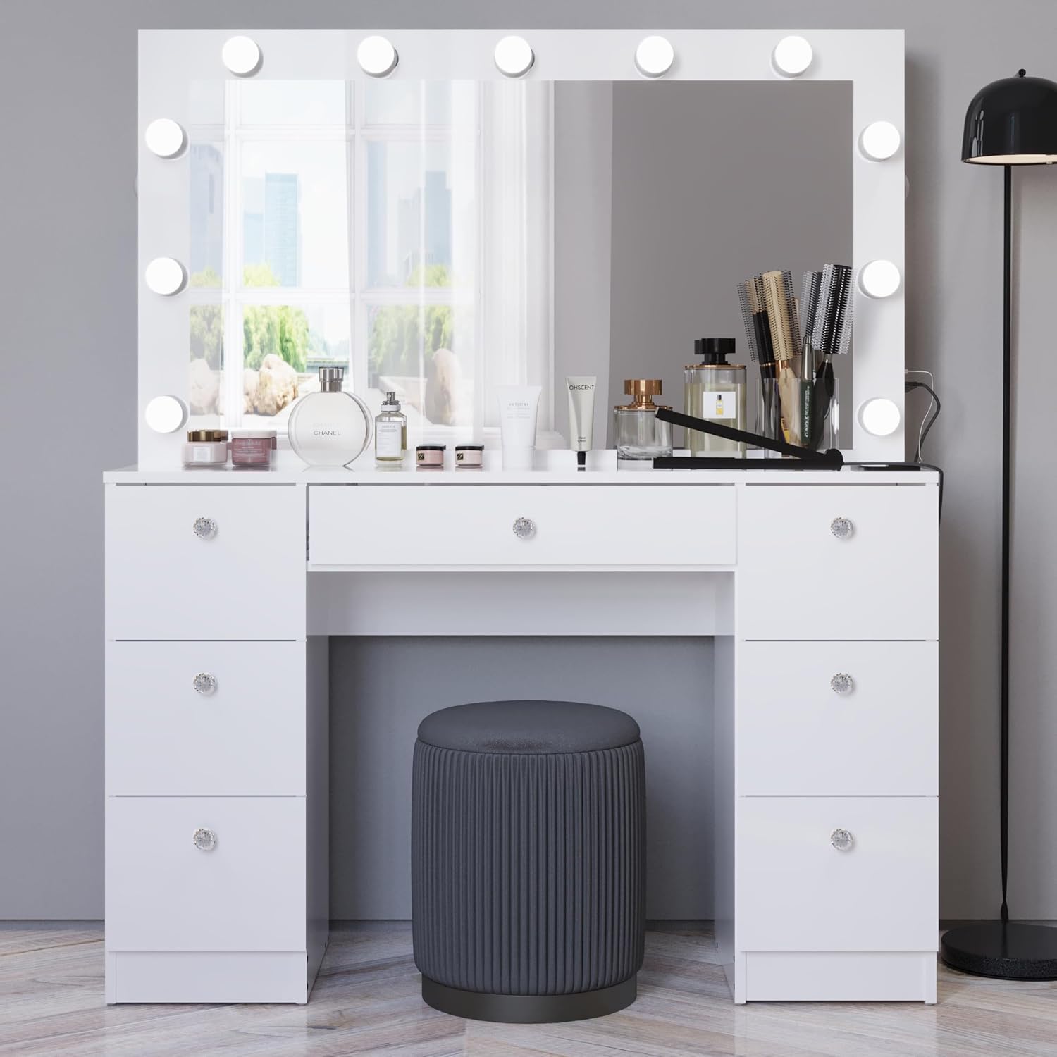 Makeup Vanity Desk w/Hollywood Mirror, Bluetooth Speakers, 7 Drawers, Glass Top, USB & Power Outlet + Black Storage Stool