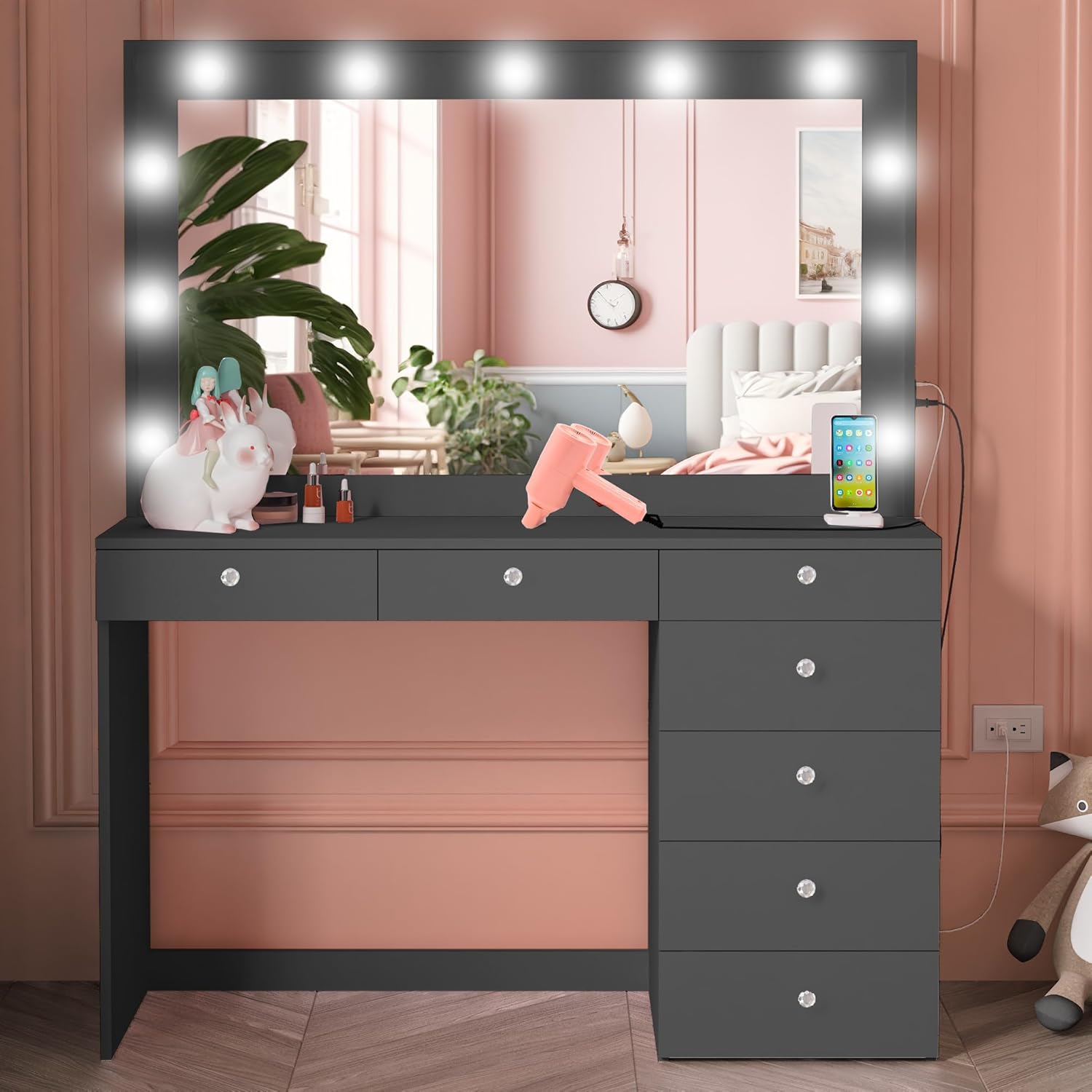 Boahaus Diana Large Makeup Vanity Desk with Hollywood Vanity Mirror, Built-in Lights, 7 Drawers, Large Top, Crystal Knobs, Black Makeup Table for Bedroom, 58.2'' H x 47.2'' W x 17.7'' D