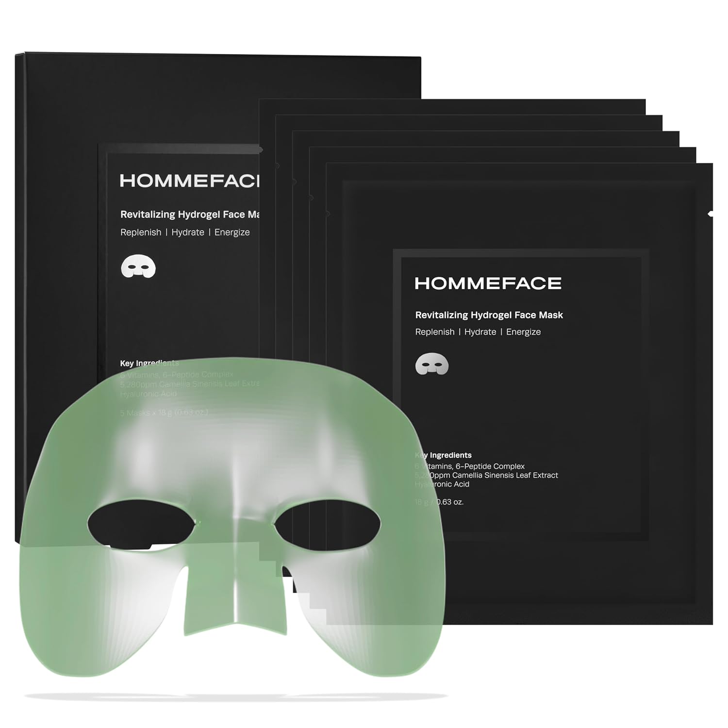 HommeFace Mens Revitalizing Hydrogel Facial Mask Set (5ct) - Hydrating, Beard-Friendly, Anti-Aging, Soothing Face Sheet Masks - Korean Skincare Technology with Hyaluronic Acid, Vitamins & Peptides