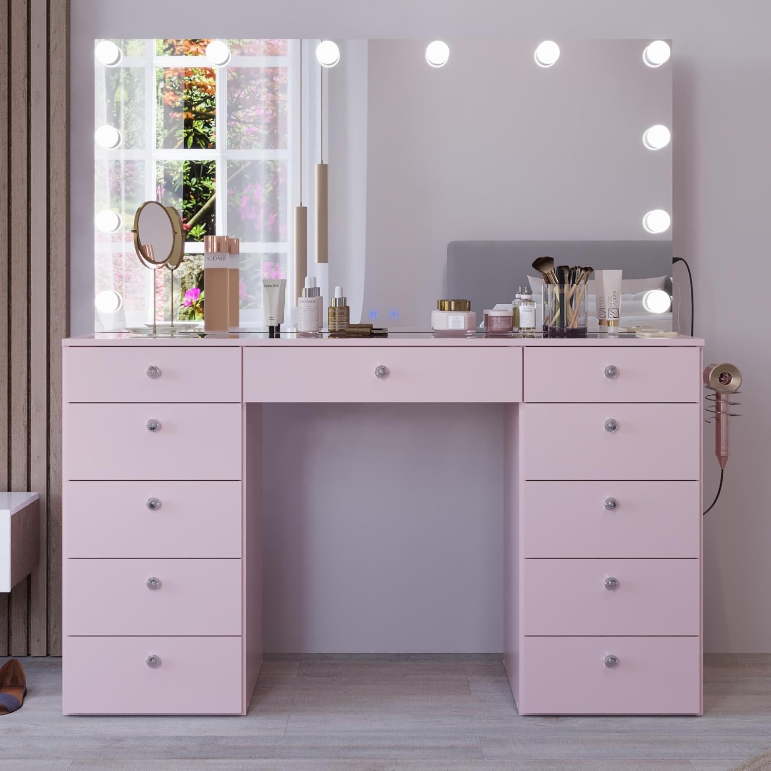 Boahaus Orla Extra-Large Makeup Vanity Desk with Hollywood Lights, 11 Drawers, Hair Dryer Hanger, USB Type-C & Type-A, Power Outlet for Beauty Tools, Glass Top, Crystal Knobs  Premium Pink Finish