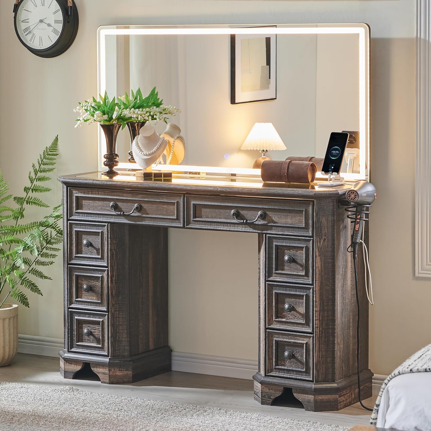 T4TREAM Makeup Vanity Desk with 48" HD Lighted Mirror, Farmhouse Vanity Table with 8 Drawers, Vanity Desk with 3 Color Modes, Dressing Table with Glass Top and Power for Bedroom(Dark Rustic Oak)