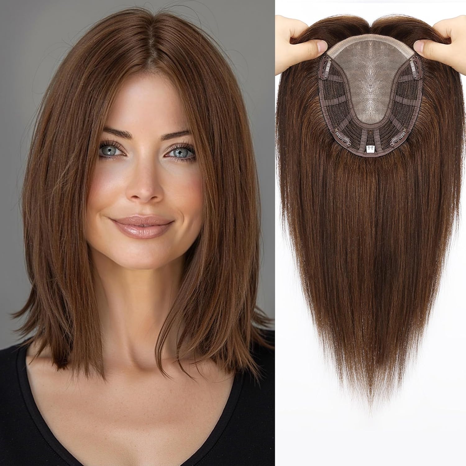 Large MONO Top Hair Toppers for Women Remy Human Hair 14 Inch 6"x7" Big Base Partial wig Cover Thinning Hair or Loss No Bangs Natural Wiglets(Dark Brown)