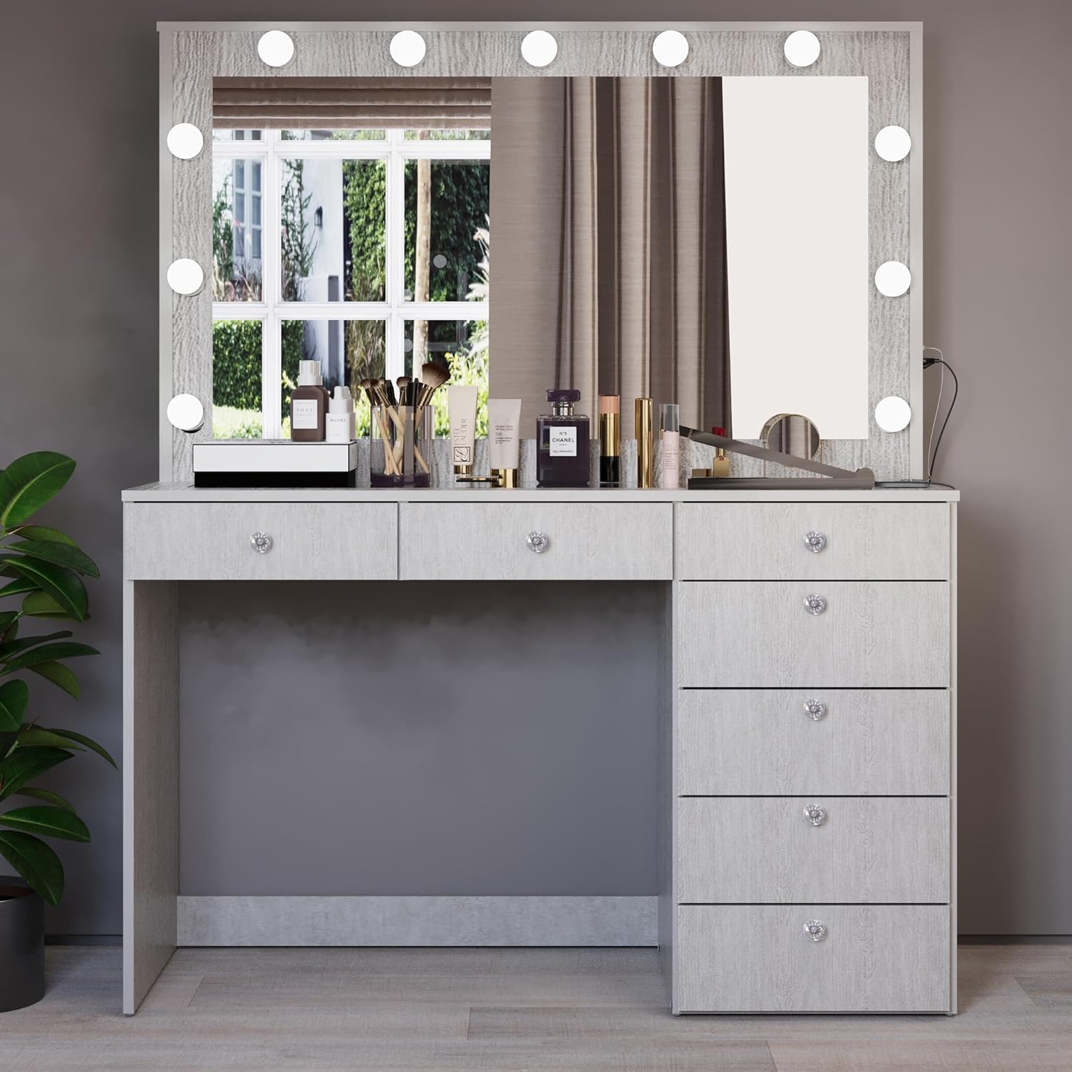 Boahaus Serena Large Makeup Vanity Desk with Hollywood Lights, 7 Drawers, Hair Dryer Hanger, USB Type-C & Type-A, 110V Power Outlet for Beauty Tools, Glass Top, Crystal Knobs  Premium Greige Finish