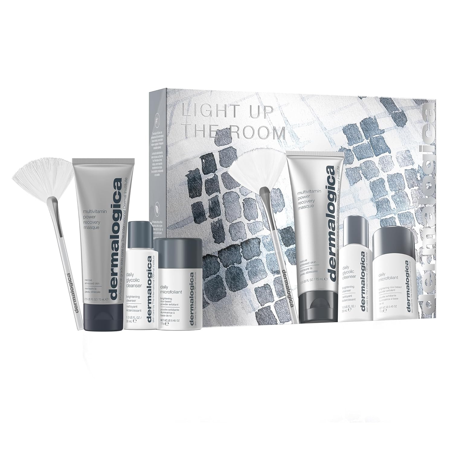 Dermalogica Light Up the Room  Facial Cleansing Skin Care Set, Includes Face Exfoliants, Cleanser, Mask, and Fan Brush