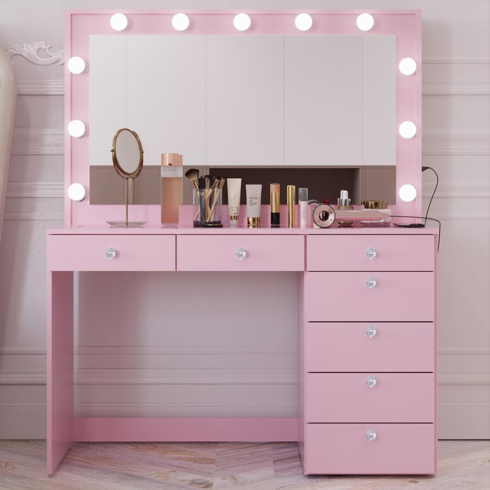 Boahaus Serena White Makeup Vanity with Mirror and 11 Lights, 7 Drawers, Glass Top, Crystal Knobs, USB-A & USB-C Ports, 110V Power Outlet, Bedroom Vanity Desk (Pink-1)