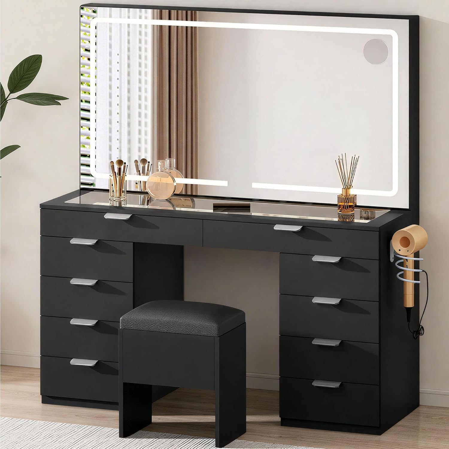DWVO Vanity Desk Set with LED Mirror, Magnifying Glass & Charging Station, 46" Makeup Table with 10 Drawers, Hair Dryer Holder & Storage Stool