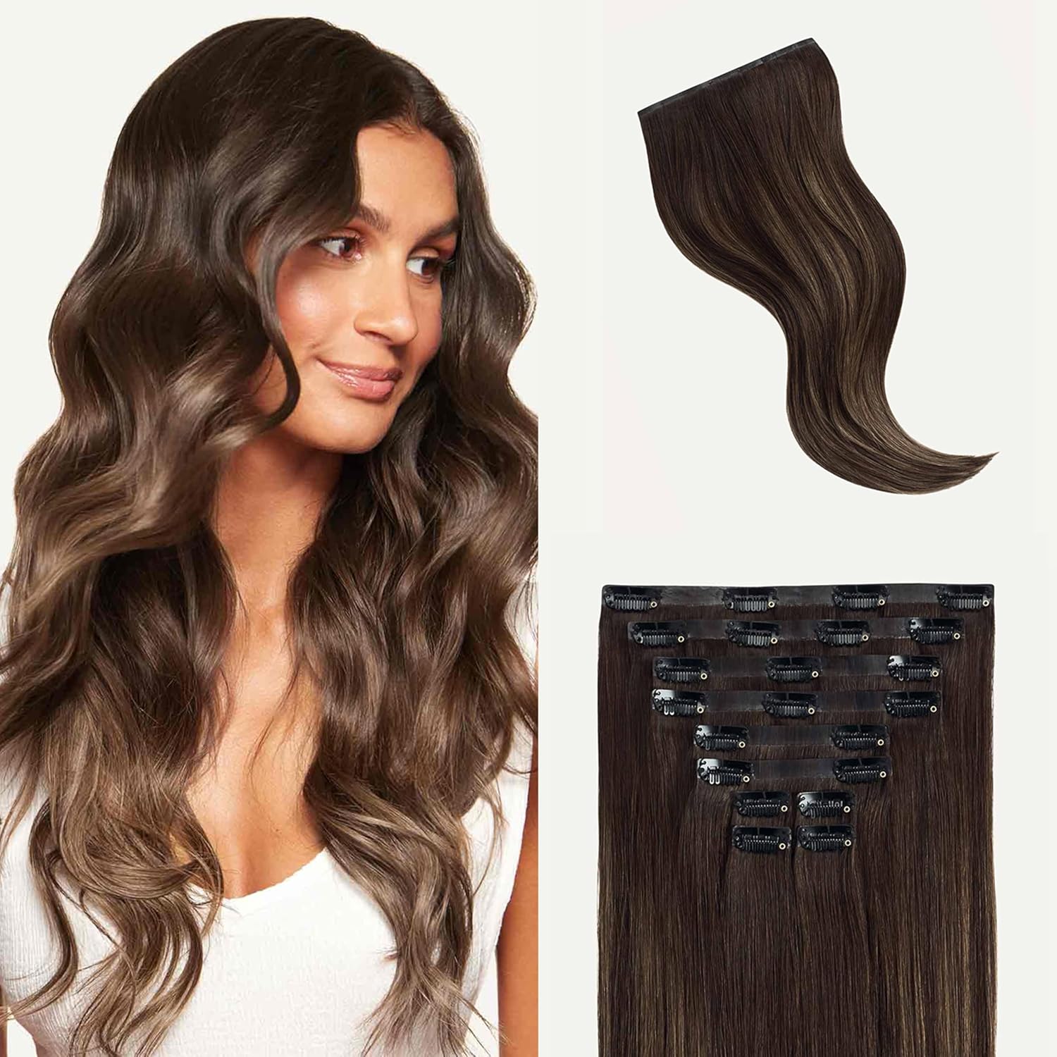 Luxy 100% Remy Human Hair - Seamless Clip-In Hair Extensions - Multi-Dimensional Color for Natural Blending, Adds Volume & Length 240 grams 24" Dark Brown Balayage