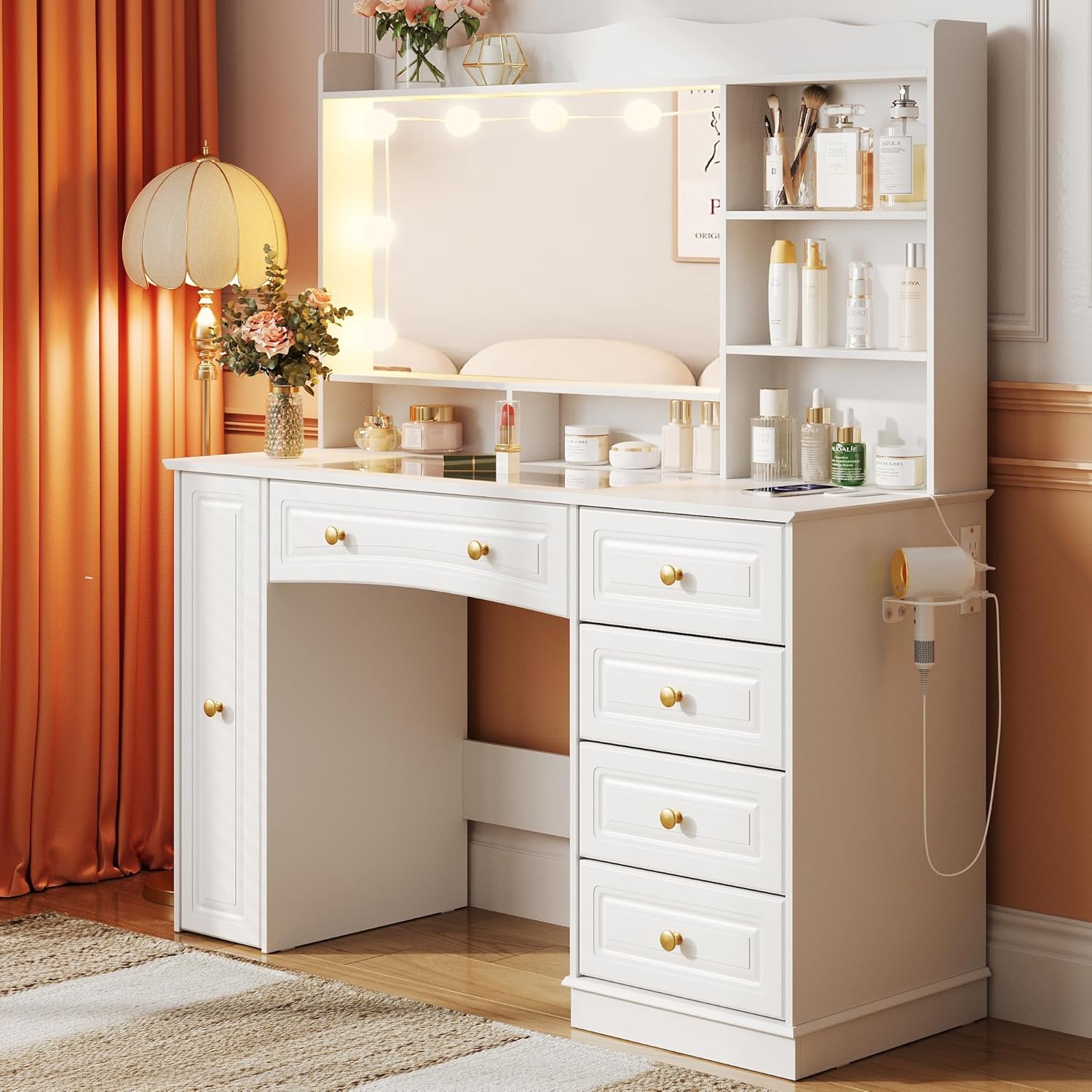 Maupvit 47.1" Makeup Vanity with Mirror and Lights,White Vanity Desk with Drawers and ShelvesLarge Makeup Table with Glass TopBedroom Dressing Table