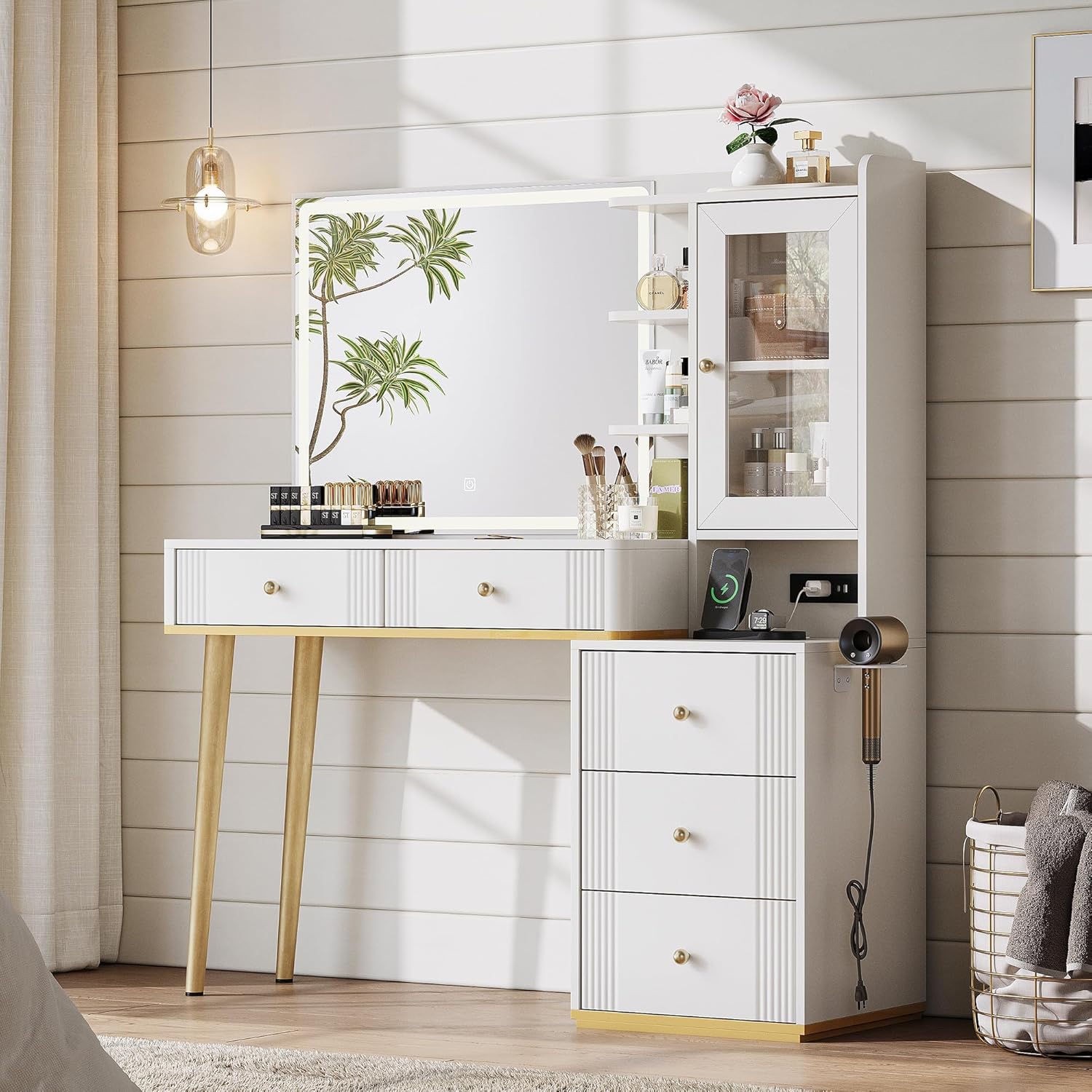 LINSY Vanity with Glass Top, 48" Make Up Vanity Desk with Mirror and Lights, Modern Fluted Vanity with Storage, Drawers, Cabinet and Outlet, Large White Vanity Table for Bedroom, Women, Girls, White